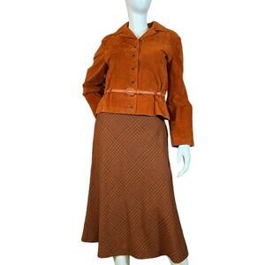 1970s Anne Klein Burnt Orange Suede & Wool Skirt Suit – Size 10